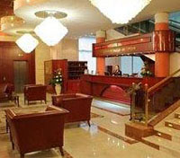 The sophisticated lobby of Arbat Hotel